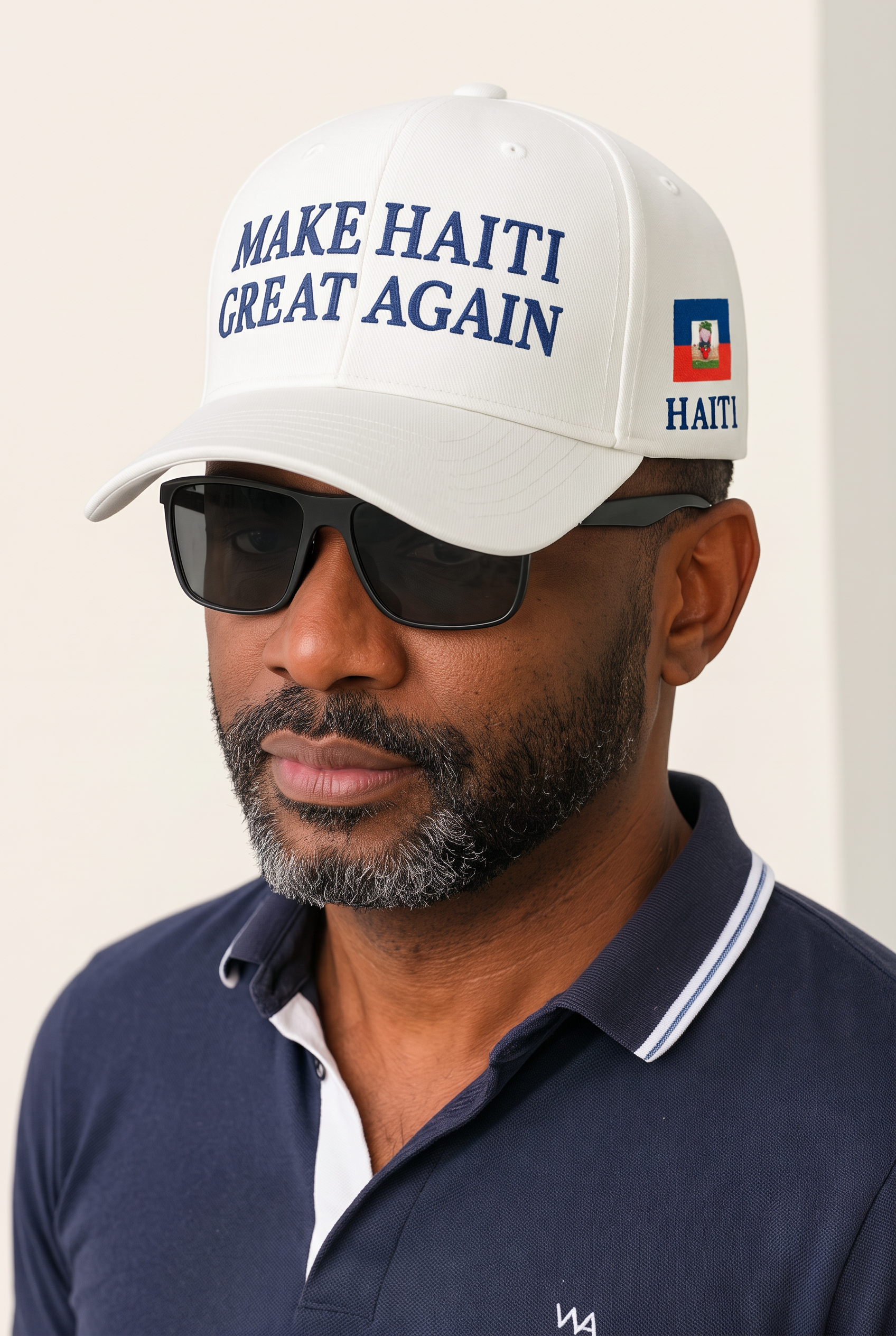 White MHGA cap worn with sunglasses, showing navy embroidery and the Haitian flag side patch
